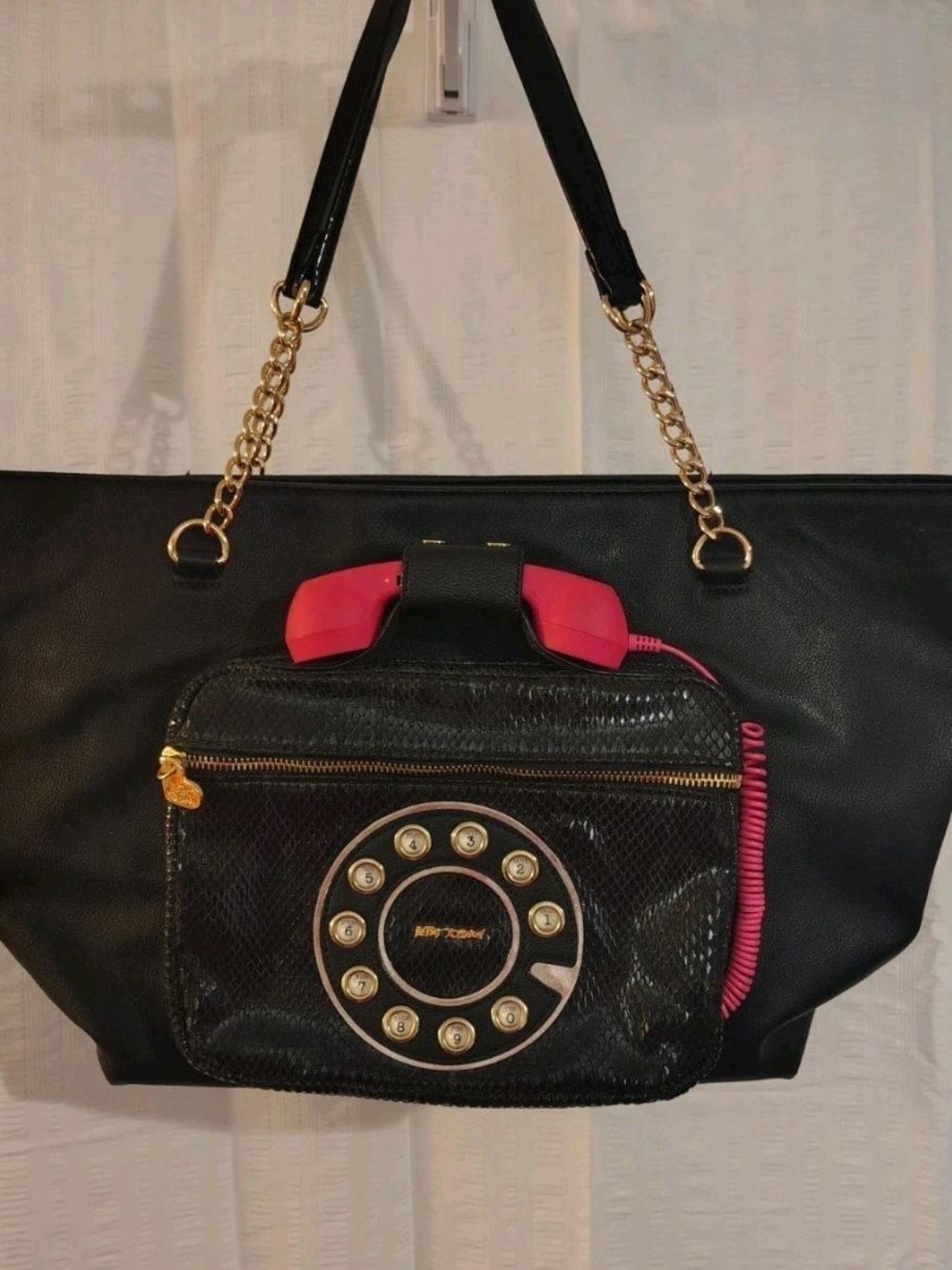 Betsey Johnson Black Tote with Pink Retro Phone Accent